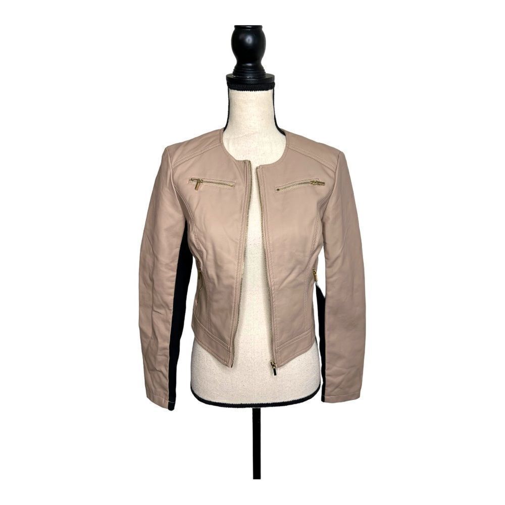 BEBE Blush Pink And Black Faux Leather Jacket. Size XS
